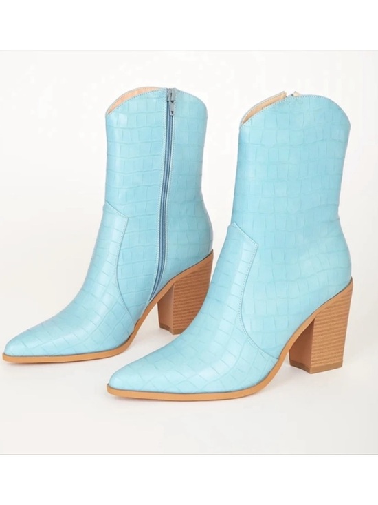 ASOS Shoes - Blue Crocodile-Embossed Mid-Calf High Heel Boots